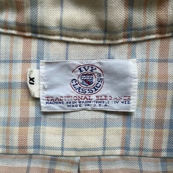 Vintage Ivy Classics Tan Blue Orange Plaid Button Down Short Sleeve Shirt XL USA - Picture 2 of 10